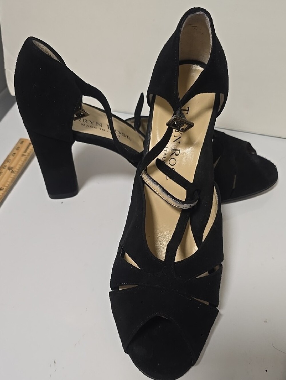 Taryn Rose Black Suede Peep-Toe Ankle Strap Heels
